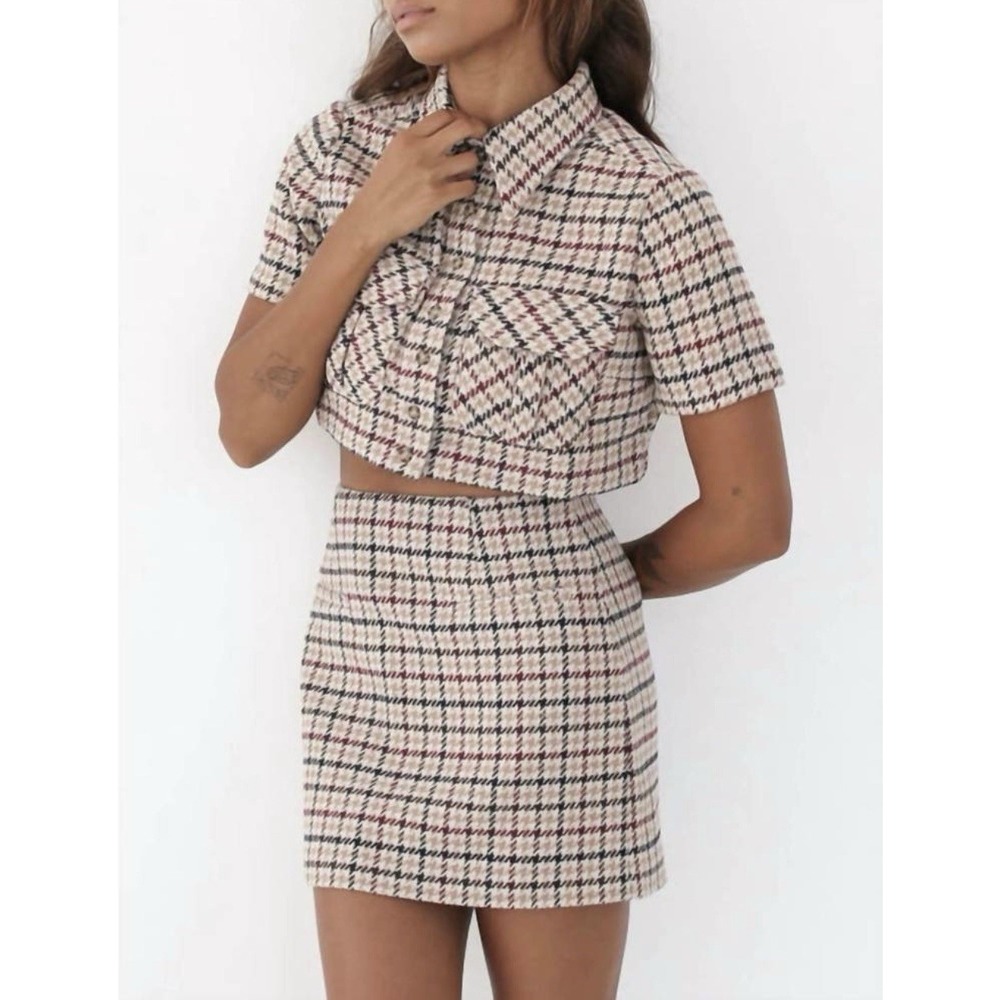 NWT Rumored Coco Top Newbury Plaid Tweed Houndstooth Cropped Jacket Skirt Set